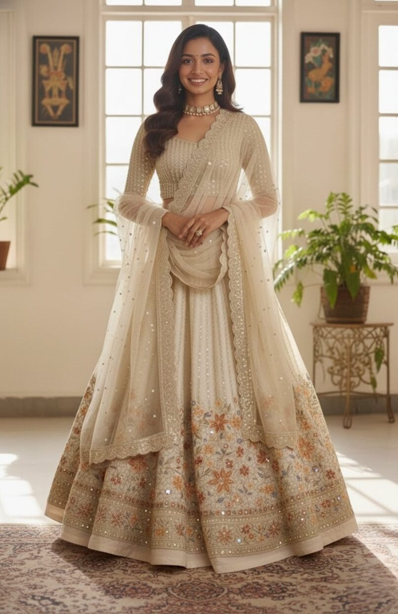 SHANZAYOUTFIT | THIS IS ONE OF THE CLASSIEST DESIGN | ELEGANTLY FULLY HEAVY MULTI THREAD EMBROIDERED 9MM SEQUENCE WORK & HANGING MULTI COLOUR TASSELS WORK CHIFFON MAXI | UNSTITCHED 3-PIECE | OFF-WHITE