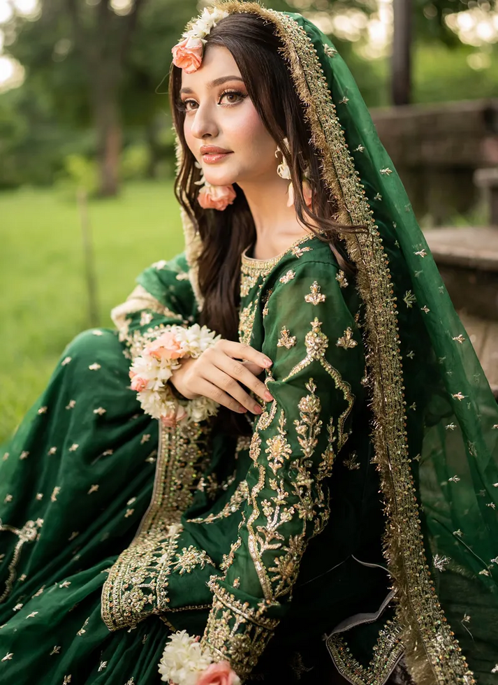 MAHA WAJAHAT BRIDAL GHARARA FULLY EMROIDERED CHIFFON EMERALD GREEN