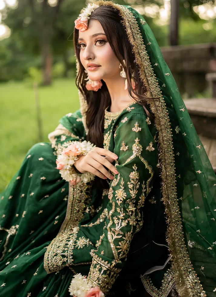 MAHA WAJAHAT BRIDAL GHARARA FULLY EMROIDERED CHIFFON EMERALD GREEN Shanzay Outfit MAHA WAJAHAT BRIDAL GHARARA FULLY EMROIDERED CHIFFON EMERALD GREEN Shanzay Outfit