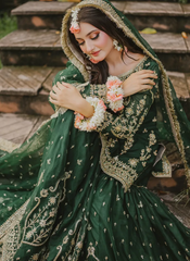 MAHA WAJAHAT BRIDAL GHARARA FULLY EMROIDERED CHIFFON EMERALD GREEN