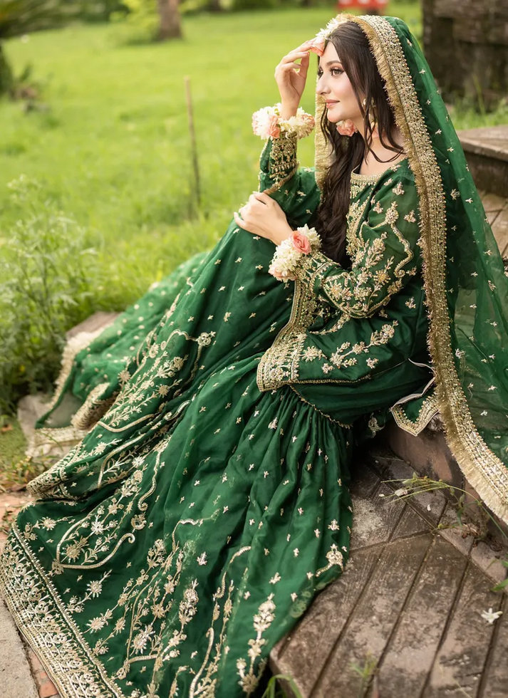 MAHA WAJAHAT BRIDAL GHARARA FULLY EMROIDERED CHIFFON EMERALD GREEN