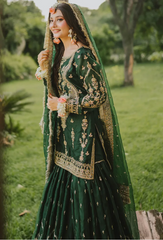 MAHA WAJAHAT BRIDAL GHARARA FULLY EMROIDERED CHIFFON EMERALD GREEN