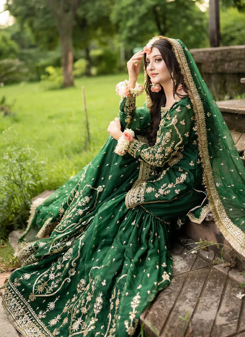 MAHA WAJAHAT BRIDAL GHARARA FULLY EMROIDERED CHIFFON EMERALD GREEN