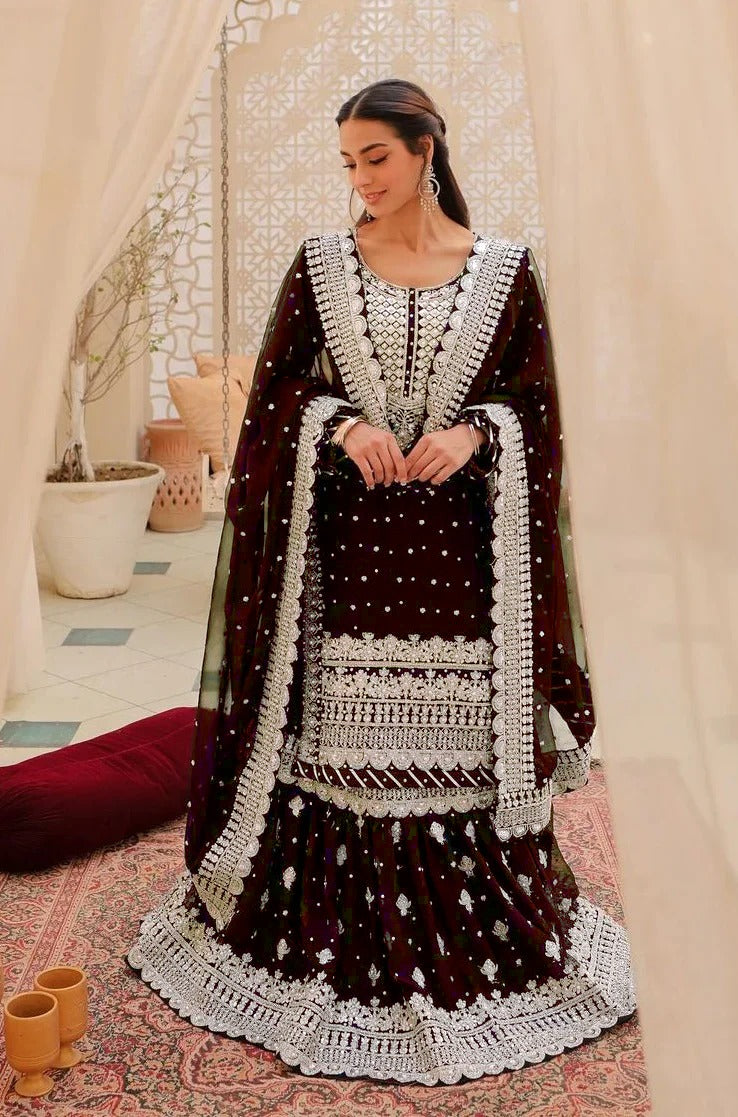 ASIM JOFA LUXURY EMBROIDERED CHIFFON UNSTITCHED SUIT | MEHROON BEAUTY