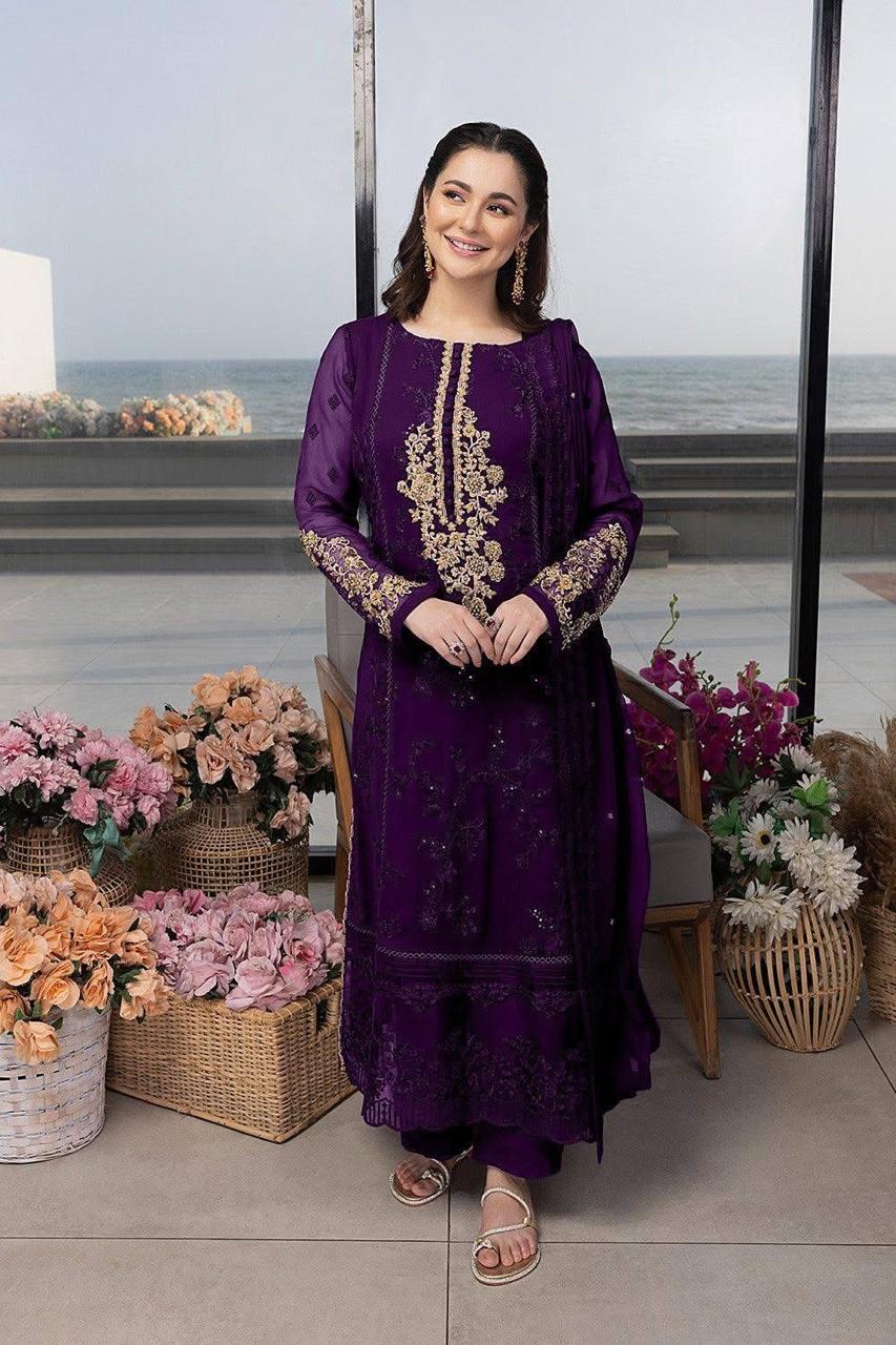 HANIA AMIR BY AZURE  |  ELEGANTLY FULL HEAVY HANDMADE EMBROIDERED CHIFFON | UNSTITCHED 3-PIECE SUIT