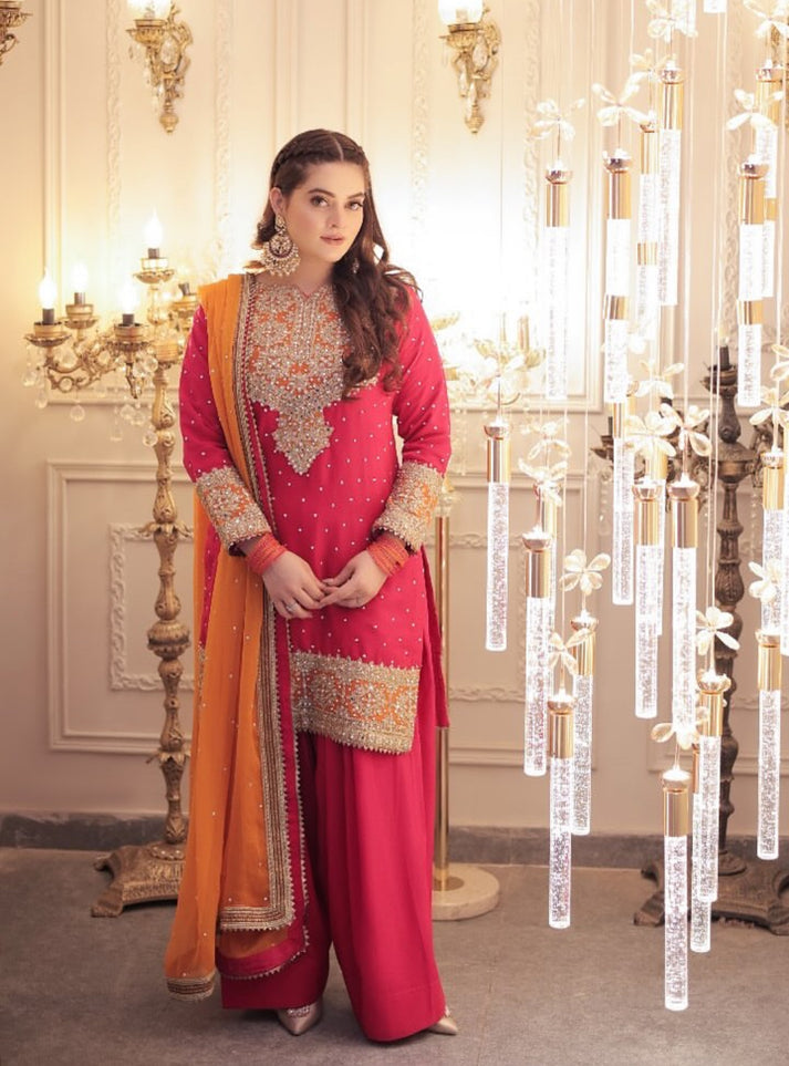 MINAL KHAN BY HASEEN'S | LUXURY CHIFFON | FULLY HEAVY THREAD EMBROIDERED SEQUENCE WORK WITH FULLY HEAVY ATTACHED STONE WORK | UNSTITCHED 3-PIECE SUIT