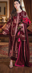 OCEANS BY ANEELAS | ELEGANTLY VELVET DRESS | FULLY HEAVY MULTI THREAD EMBROIDERED SEQUENCE WORK WITH HANGING TASSELS WORK | UNSTITCHED 3-PIECE SUIT | MAROON