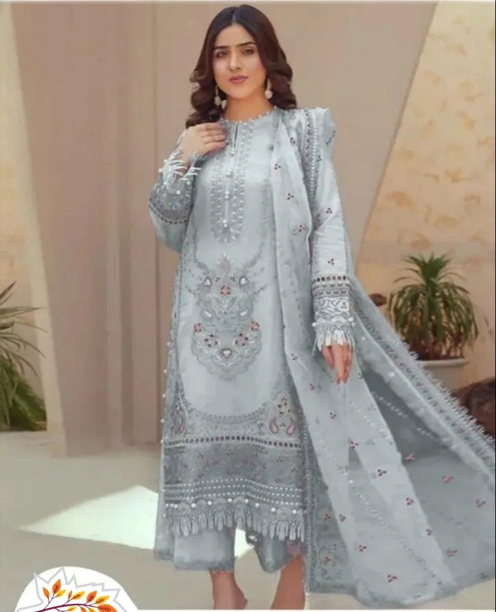 DASTOOR BY RICAMO EMBROIDERED SOROMO GRAY | ORGANZA SUIT