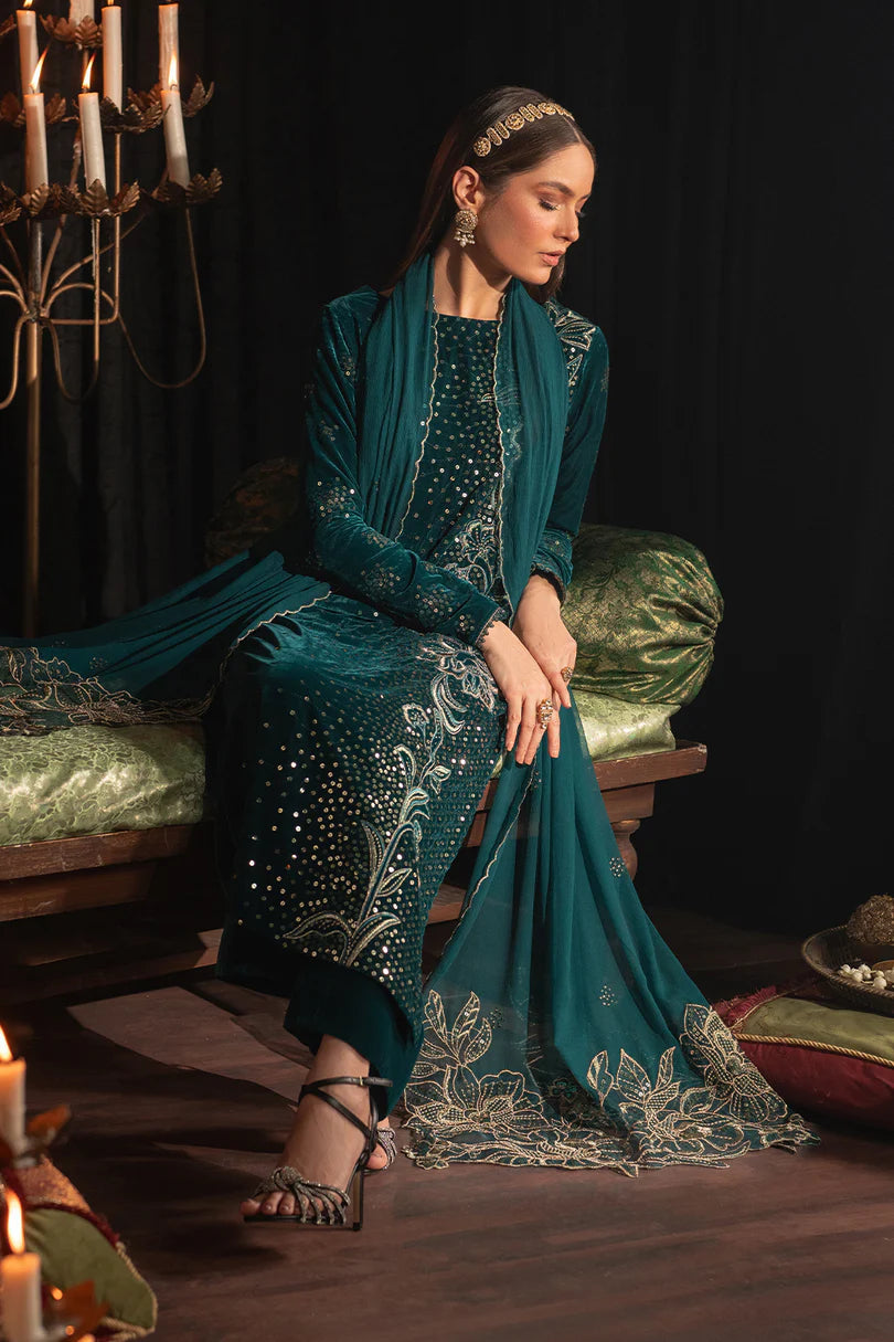 IZNIK | LUXURY VELVET DRESS | FULLY HEAVY THREAD EMBROIDERED SEQUENCE WORK WITH EMBROIDERED BANCHES | UNSTITCHED 3-PIECE SUIT | IV-47