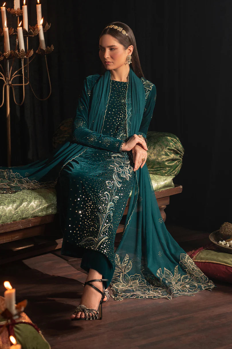 IZNIK | LUXURY VELVET DRESS | FULLY HEAVY THREAD EMBROIDERED SEQUENCE WORK WITH EMBROIDERED BANCHES | UNSTITCHED 3-PIECE SUIT | IV-47