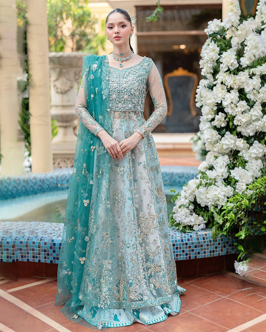 KAHANI BY MUSHQ | EXQUISITELY NET EMBROIDERED MAXI | FULLY HEAVY HAND EMBELLISHMENT EMBROIDERED SEQUENCE WORK, MOTI WORK, MARBLES STONE WORK WITH HANGING PEARL'S & TASSEL'S WORK NET MAXI | UNSTITCHED 3-PIECE | MUNWD240201U