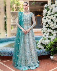 KAHANI BY MUSHQ | EXQUISITELY NET EMBROIDERED MAXI | FULLY HEAVY HAND EMBELLISHMENT EMBROIDERED SEQUENCE WORK, MOTI WORK, MARBLES STONE WORK WITH HANGING PEARL'S & TASSEL'S WORK NET MAXI | UNSTITCHED 3-PIECE | MUNWD240201U