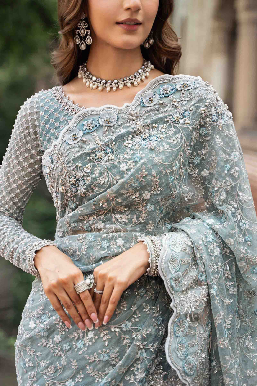 MARIA B | EXCLUSIVE WEAR | PREMIUM HAND EMBELLISHMENTE EMBROIDERED NET SAREE | UNSTITCHED 3-PIECE | MC-1011-B-S | MABEL
