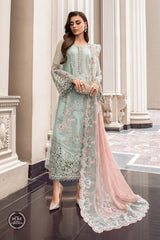 MARIA.B | ELEGANTLY FULLY HEAVY MULTI THREAD EMBROIDERED SEQUENCE WORK WITH HANGING TASSELS, PEARL'S & STONE WORK CHIFFON DRESS | UNSTITCHED 3-PIECE SUIT | MPC-23-104 MINT GREEN
