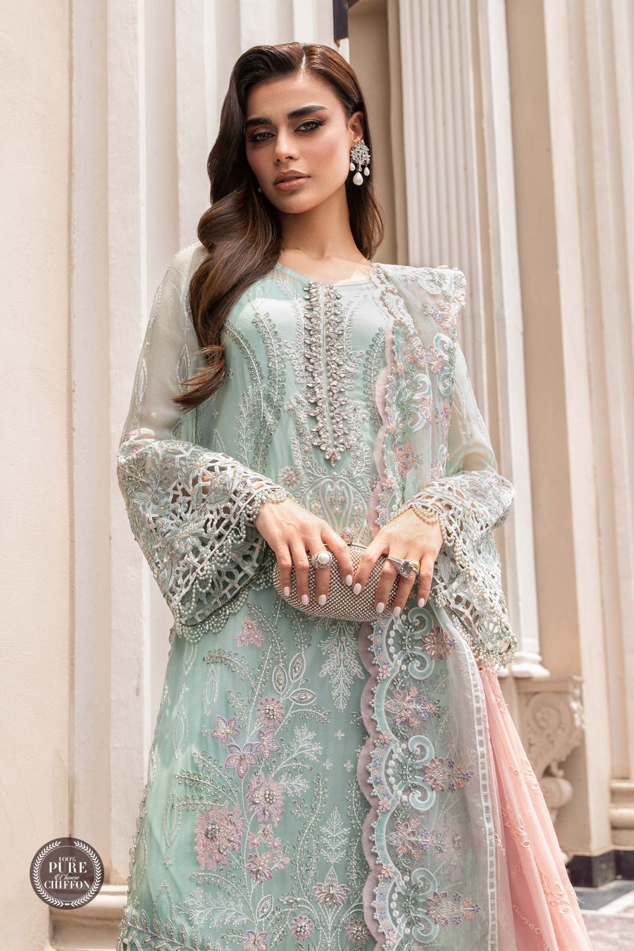 MARIA.B | ELEGANTLY FULLY HEAVY MULTI THREAD EMBROIDERED SEQUENCE WORK WITH HANGING TASSELS, PEARL'S & STONE WORK CHIFFON DRESS | UNSTITCHED 3-PIECE SUIT | MPC-23-104 MINT GREEN