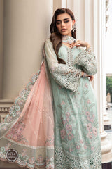 MARIA.B | ELEGANTLY FULLY HEAVY MULTI THREAD EMBROIDERED SEQUENCE WORK WITH HANGING TASSELS, PEARL'S & STONE WORK CHIFFON DRESS | UNSTITCHED 3-PIECE SUIT | MPC-23-104 MINT GREEN