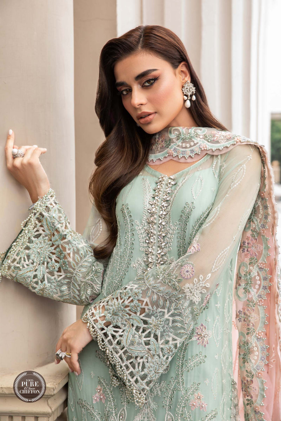 MARIA.B | ELEGANTLY FULLY HEAVY MULTI THREAD EMBROIDERED SEQUENCE WORK WITH HANGING TASSELS, PEARL'S & STONE WORK CHIFFON DRESS | UNSTITCHED 3-PIECE SUIT | MPC-23-104 MINT GREEN