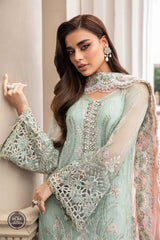 MARIA.B | ELEGANTLY FULLY HEAVY MULTI THREAD EMBROIDERED SEQUENCE WORK WITH HANGING TASSELS, PEARL'S & STONE WORK CHIFFON DRESS | UNSTITCHED 3-PIECE SUIT | MPC-23-104 MINT GREEN