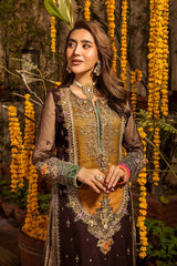 KHUDABAKSH | ELEGANTLY PREMIUM HAND EMBELLISHMENT EMBROIDERED SEQUENCE WORK WITH STONE WORK & CRYSTAL WORK CHIFFON GHARARA | UNSTITCHED 3-PIECE | P-265 (MEHENDI & MAYO COLLECTION)