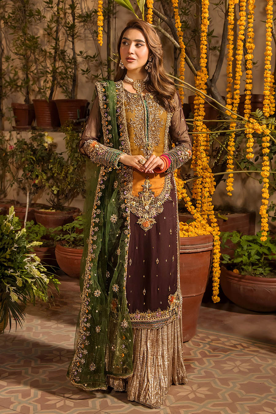 KHUDABAKSH | ELEGANTLY PREMIUM HAND EMBELLISHMENT EMBROIDERED SEQUENCE WORK WITH STONE WORK & CRYSTAL WORK CHIFFON GHARARA | UNSTITCHED 3-PIECE | P-265 (MEHENDI & MAYO COLLECTION)