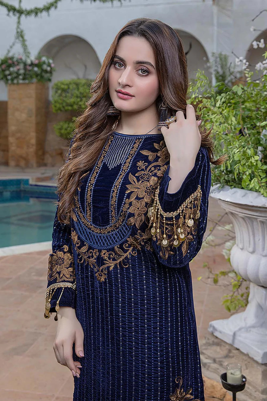 navy blue velvet embroidered dress Andaaz Fashion Women's Stone Work Embroidered Velvet Dark Blue Gown