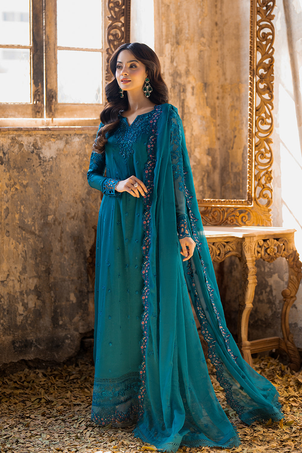 MYSTIC TEAL BY AZURE | ELEGANTLY ARTICLE | HEAVY HAND EMBELLISHMENTE EMBROIDERED SEQUENCE WORK WITH LAZER CUT DESIGN WORK CHIFFON DRESS | UNSTITCHED 3-PIECE SUIT | I-01347