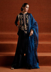 NEGRA BY HUSSAIN REHAR | A GLAMOUROUS BLACK RAW SILK SHIRT WITH INTRICATE HAND WORK DETAILS OF MULTI THREAD EMBROIDERED SEQUENCE WORK | UNSTITCHED 3-PIECE SUIT
