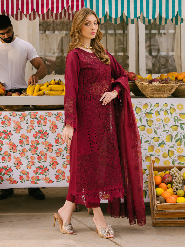 MAHNUR | ELEGANTLY FULL HEAVY EMBROIDERED LAWN | UNSTITCHED 3-PIECE SUIT | SCARLET DREAM