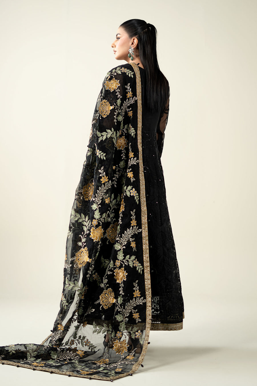 MARIA• B | LUXURY FULLY HEAVY MULTI THREAD EMBROIDERED SEQUENCE WORK WITH MOTI & HANGING TASSELS WORK ORGANZA FORK | UNSTITCHED 3-PIECE SUIT | SF-EF23-09R1