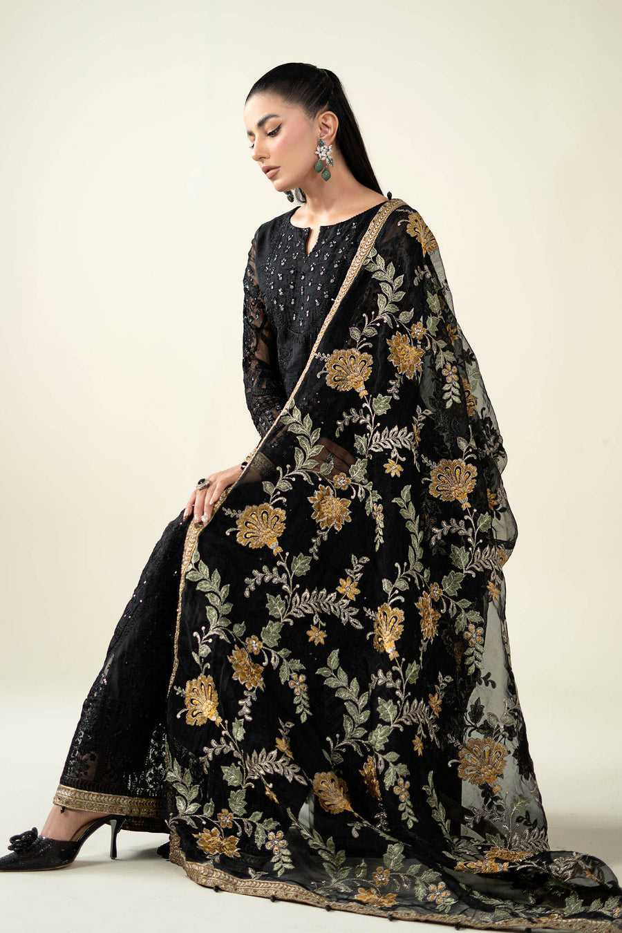 MARIA• B | LUXURY FULLY HEAVY MULTI THREAD EMBROIDERED SEQUENCE WORK WITH MOTI & HANGING TASSELS WORK ORGANZA FORK | UNSTITCHED 3-PIECE SUIT | SF-EF23-09R1
