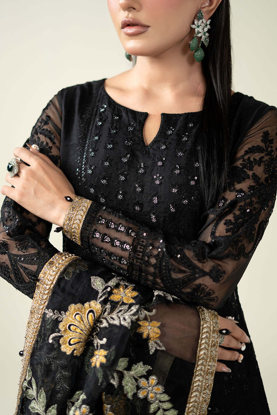 MARIA• B | LUXURY FULLY HEAVY MULTI THREAD EMBROIDERED SEQUENCE WORK WITH MOTI & HANGING TASSELS WORK ORGANZA FORK | UNSTITCHED 3-PIECE SUIT | SF-EF23-09R1