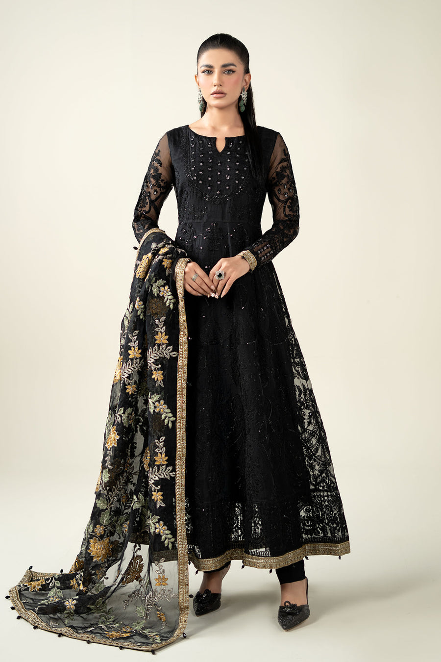 MARIA• B | LUXURY FULLY HEAVY MULTI THREAD EMBROIDERED SEQUENCE WORK WITH MOTI & HANGING TASSELS WORK ORGANZA FORK | UNSTITCHED 3-PIECE SUIT | SF-EF23-09R1
