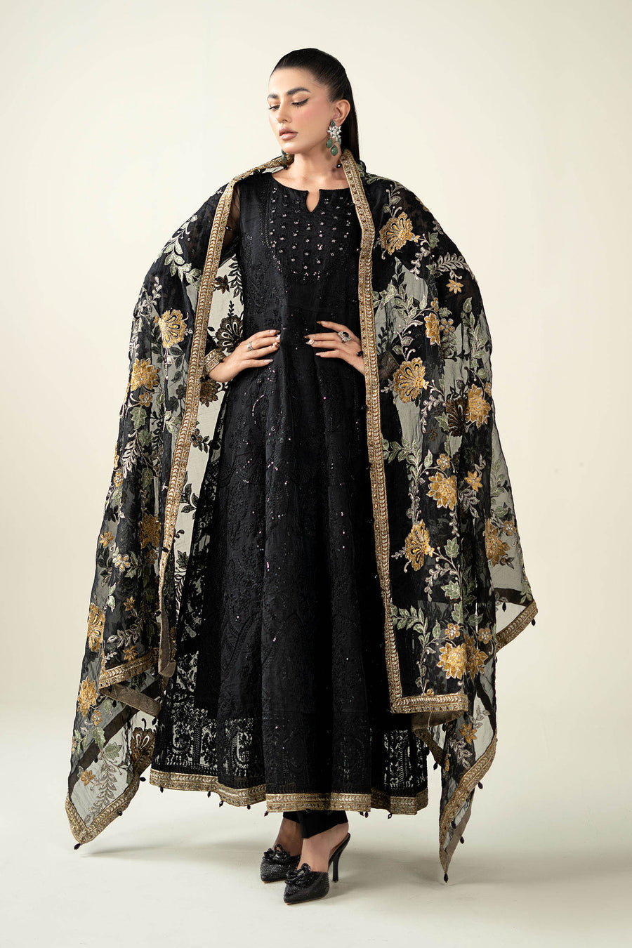 MARIA• B | LUXURY FULLY HEAVY MULTI THREAD EMBROIDERED SEQUENCE WORK WITH MOTI & HANGING TASSELS WORK ORGANZA FORK | UNSTITCHED 3-PIECE SUIT | SF-EF23-09R1