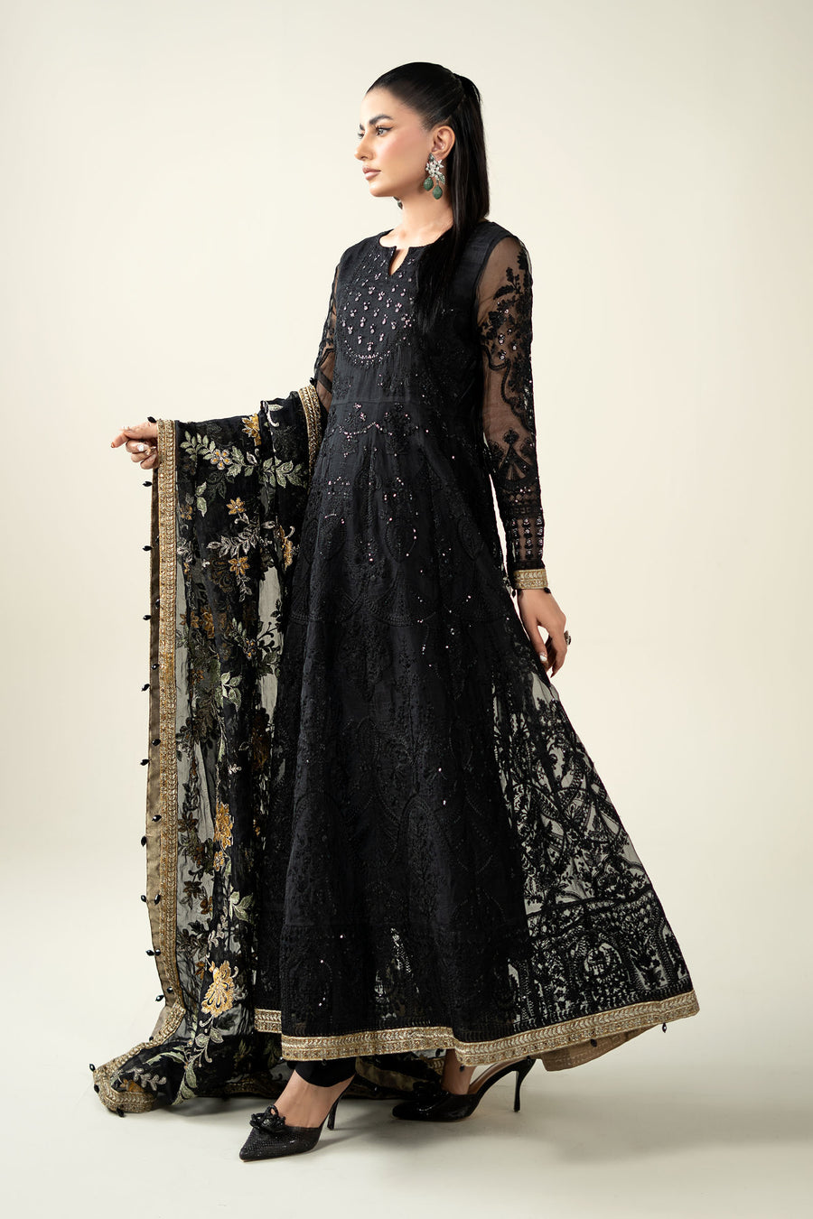 MARIA• B | LUXURY FULLY HEAVY MULTI THREAD EMBROIDERED SEQUENCE WORK WITH MOTI & HANGING TASSELS WORK ORGANZA FORK | UNSTITCHED 3-PIECE SUIT | SF-EF23-09R1