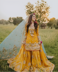 SHANZAYOUTFIT | HERE, WE HAVE SOME CUTE BRIDAL GHARARAS WHICH ARE WORN FOR THE MAYO AND MEHNDI CEREMONY | PREMIUM HAND EMBELLISHMENT EMBROIDERED ORGANZA SHIRT | UNSTITCHED 3-PIECE GHARARA