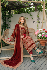 ANEELAS | THE VELVET FRONT ARE BEAUTIFULLY ADORNED WITH INTRICATE EMBROIDERY | UNSTITCHED 3-PIECE SUIT | MAROON