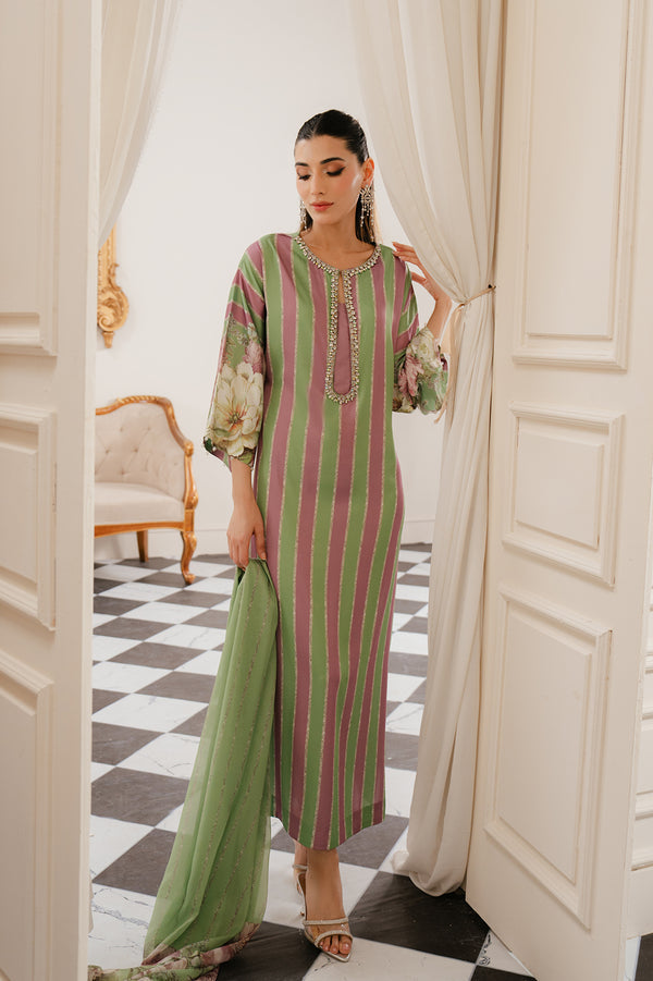 HANIK DRESS BY LULUSAR | STRIPED PRINTED WITH HAND EMBELLISHMENTS EMBROIDERED SILK DRESS |  UNSTITCHED 3-PIECE SUIT