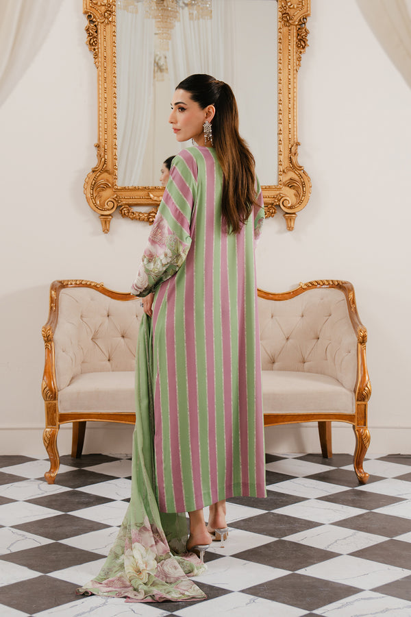 HANIK DRESS BY LULUSAR | STRIPED PRINTED WITH HAND EMBELLISHMENTS EMBROIDERED SILK DRESS |  UNSTITCHED 3-PIECE SUIT