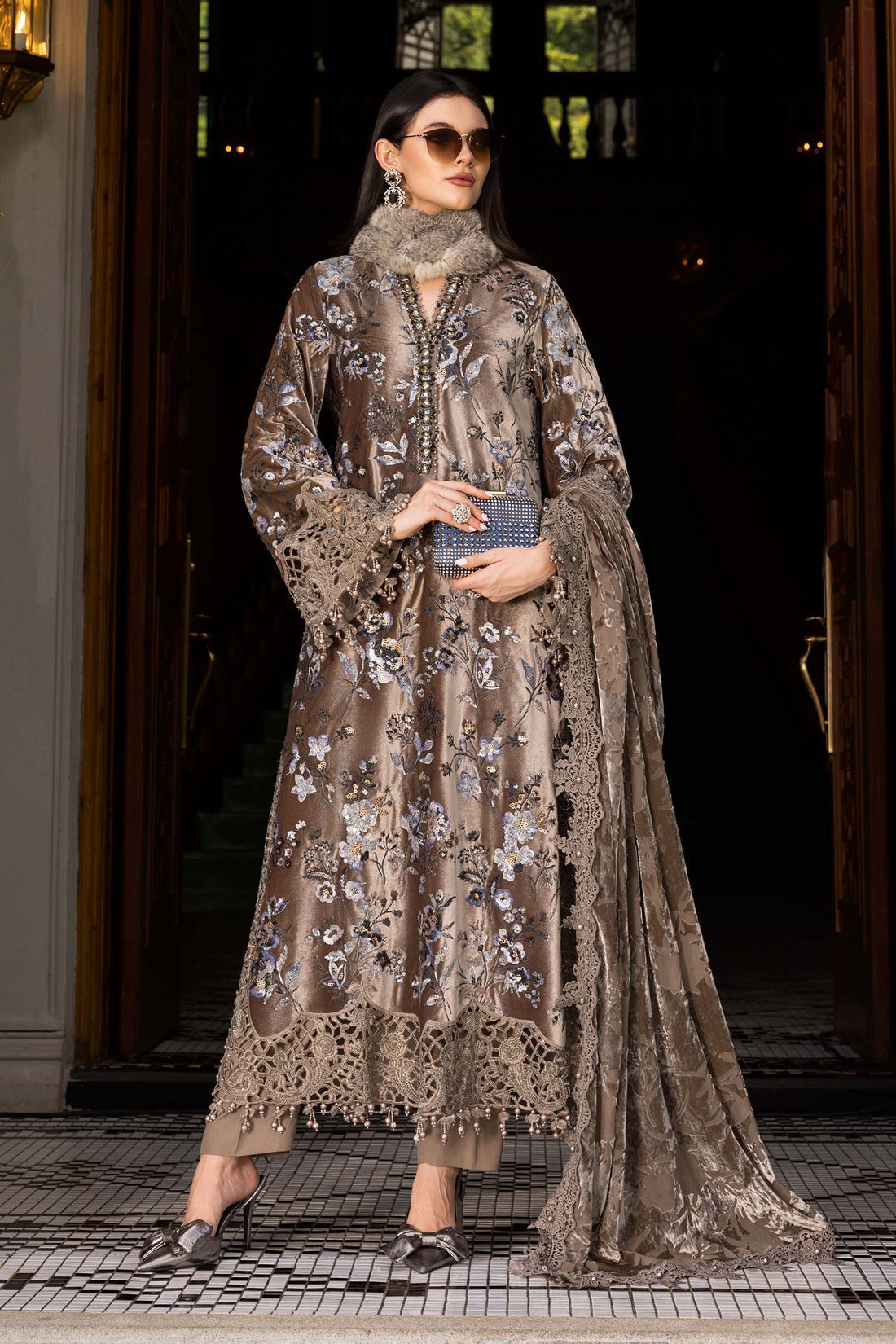 MARIA•B | ELEGANTLY PALACHI VELVET DRESS | FULLY HEAVY THREAD EMBROIDERED GLITTER SEQUENCE WORK WITH HANGING TASSELS WORK & LAZER CUT DESIGN WORK | UNSTITCHED 3-PIECE SUIT | D-03