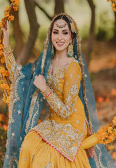 SHANZAYOUTFIT | HERE, WE HAVE SOME CUTE BRIDAL GHARARAS WHICH ARE WORN FOR THE MAYO AND MEHNDI CEREMONY | PREMIUM HAND EMBELLISHMENT EMBROIDERED ORGANZA SHIRT | UNSTITCHED 3-PIECE GHARARA