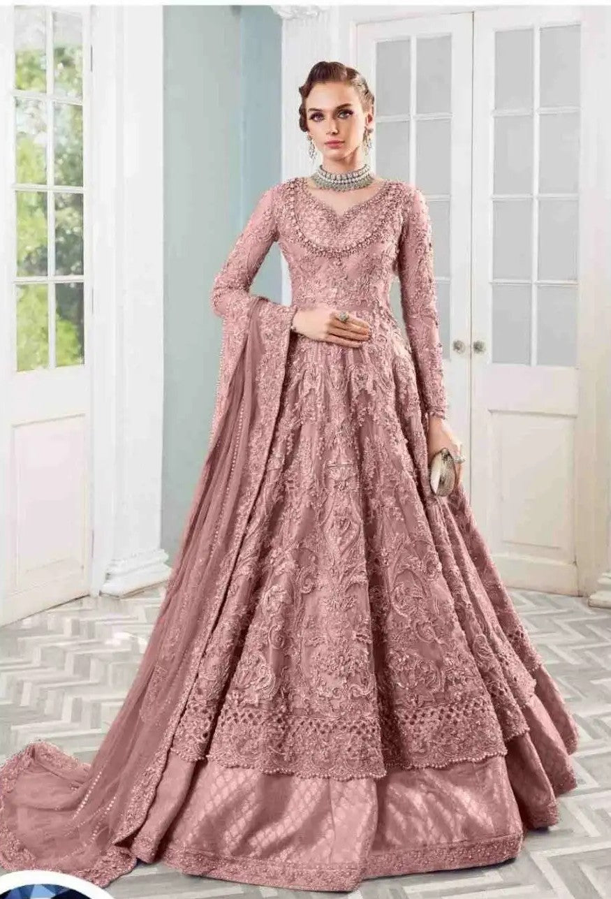 MARIA B | EXQUISITELY NET EMBROIDERED MAXI | FULLY HEAVY HAND EMBELLISHMENT EMBROIDERED SEQUENCE WORK, MOTI WORK, MARBLES STONE WORK WITH HANGING PEARL'S & TASSEL'S WORK NET MAXI | UNSTITCHED 3-PIECE | TEAPINK