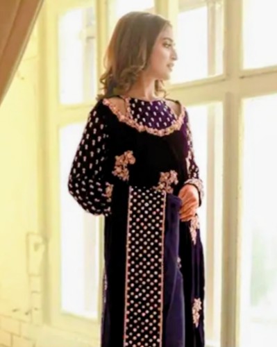 AFROZEH | LUXURY VELVET DRESS | FULLY HEAVY THREAD EMBROIDERED SEQUENCE WORK WITH ATTACHED STONE, PEARL'S & CRYSTAL WORK | UNSTITCHED 3-PIECE SUIT | PURPLE