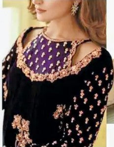 AFROZEH | LUXURY VELVET DRESS | FULLY HEAVY THREAD EMBROIDERED SEQUENCE WORK WITH ATTACHED STONE, PEARL'S & CRYSTAL WORK | UNSTITCHED 3-PIECE SUIT | PURPLE