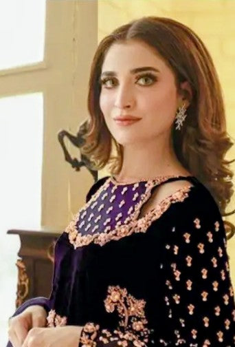 AFROZEH | LUXURY VELVET DRESS | FULLY HEAVY THREAD EMBROIDERED SEQUENCE WORK WITH ATTACHED STONE, PEARL'S & CRYSTAL WORK | UNSTITCHED 3-PIECE SUIT | PURPLE