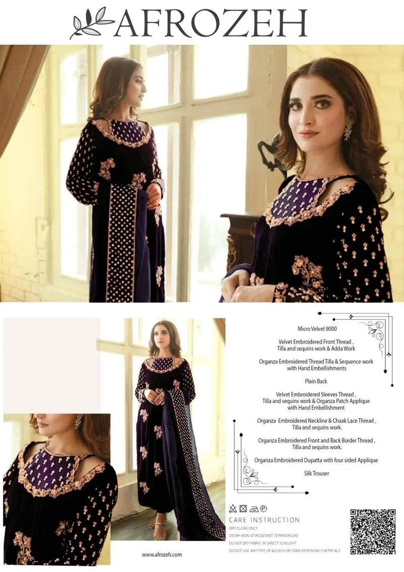 AFROZEH | LUXURY VELVET DRESS | FULLY HEAVY THREAD EMBROIDERED SEQUENCE WORK WITH ATTACHED STONE, PEARL'S & CRYSTAL WORK | UNSTITCHED 3-PIECE SUIT | PURPLE