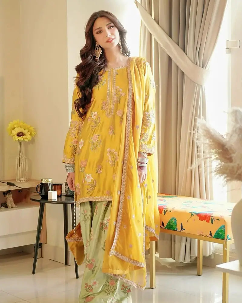 RAMSHA KHAN | LUXURY SILK DRESS | HEAVY MULTI THREAD EMBROIDERED SEQUENCE WORK WITH HANGING TASSELS WORK | UNSTITCHED 3-PIECE SUIT | MEHENDI & MAYO COLLECTION