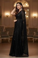 SHANZAYOUTFIT | ELEGANTLY CHIFFON SAREE | FULLY HEAVY THREAD EMBROIDERED SEQUENCE WORK | UNSTITCHED 3-PIECE SAREE | JET BLACK