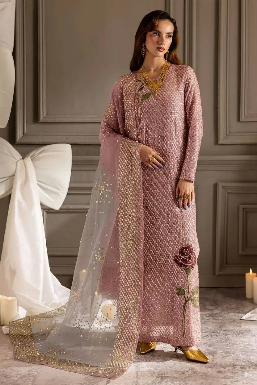 NUREH | ELEGANTLY WEAR | LUXURY FULLY HEAVY THREAD EMBROIDERED SEQUENCE WORK, MOTI WORK WITH EMBROIDERED FLOWER BANCH ATTACHED & HANGING TASSELS WORK CHIFFON DRESS | UNSTITCHED 3-PIECE SUIT | PEACH-TW-16-B
