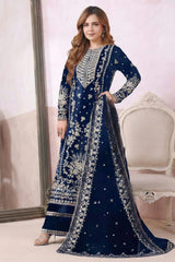 ANEELAS | THE VELVET FRONT AND BACK ARE BEAUTIFULLY ADORNED WITH INTRICATE EMBROIDERY | UNSTITCHED 3-PIECE SUIT | BLUE