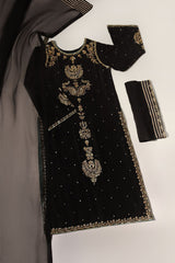 BLACK JHOOMAR BY AGHA NOOR | LUXURY VELVET DRESS | FULLY HEAVY HAND EMBELLISHMENT EMBROIDERED SEQUENCE WORK WITH ATTACHED STONE, PEARL'S & CRYSTAL WORK | UNSTITCHED 3-PIECE SUIT
